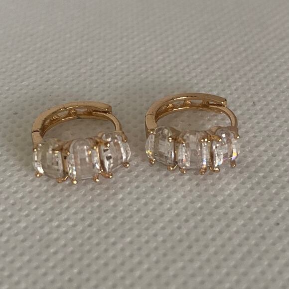 Gold Tone Huggie Hoop Earrings Baguette CZ Crystals Retro Style Hypoallergenic - Picture 3 of 17